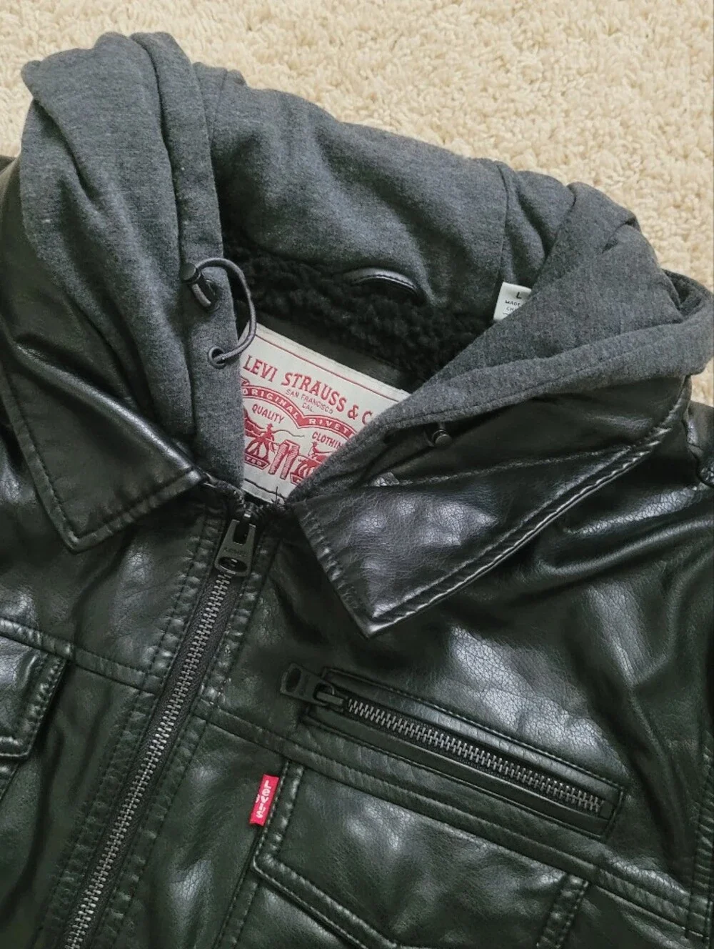 Levi Strauss Mens Black Faux Leather Moto Trucker Hoodie Layer Jacket  L